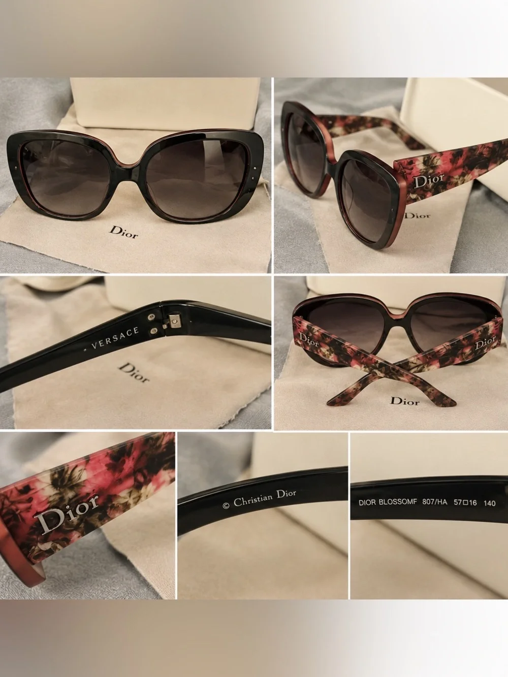 Dior Floral Acetate Sunglasses — Pink and Black Frame, Gray Lenses
